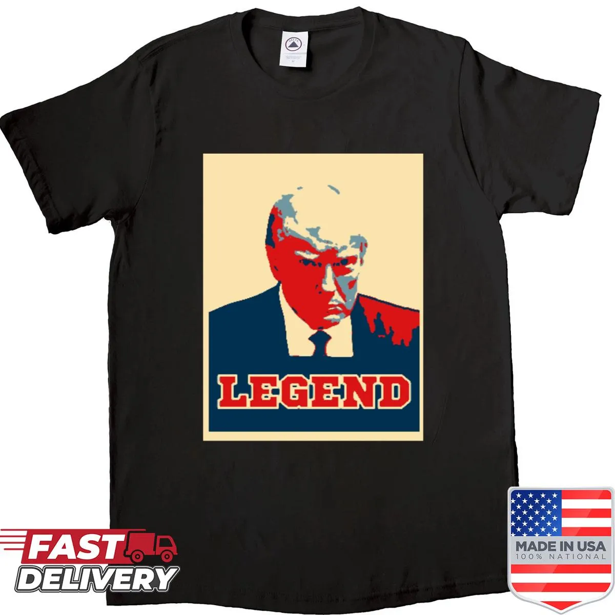 Oversized shirt featuring 'Trump Mugshot Legend' for political satire lovers.