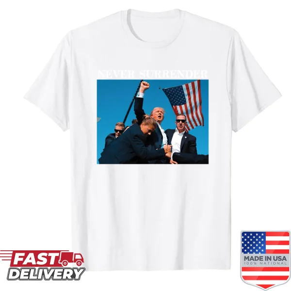Mugshot-style Trump illustration with support text on a t-shirt