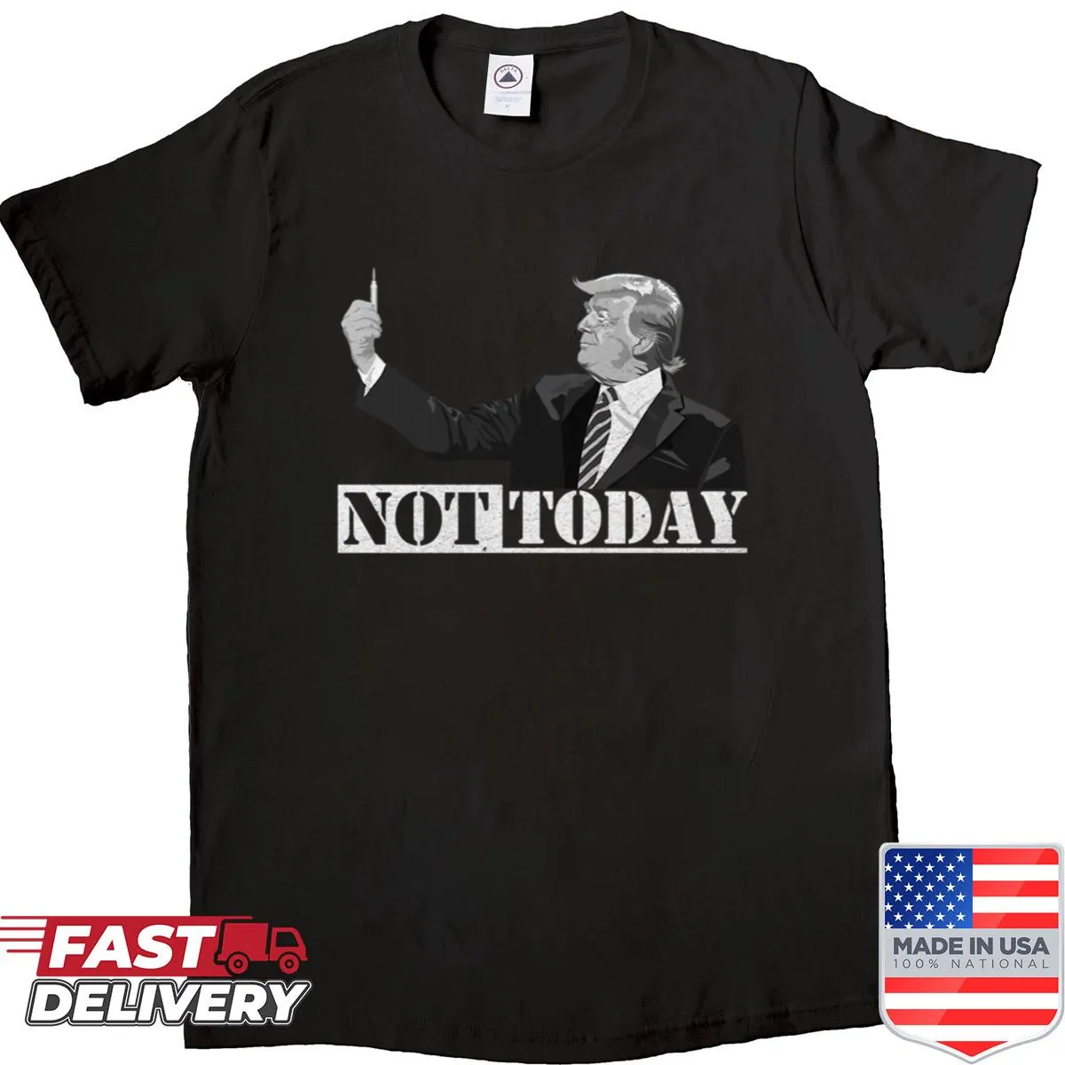 Trump shirt with edgy illustration of Trump holding a bullet