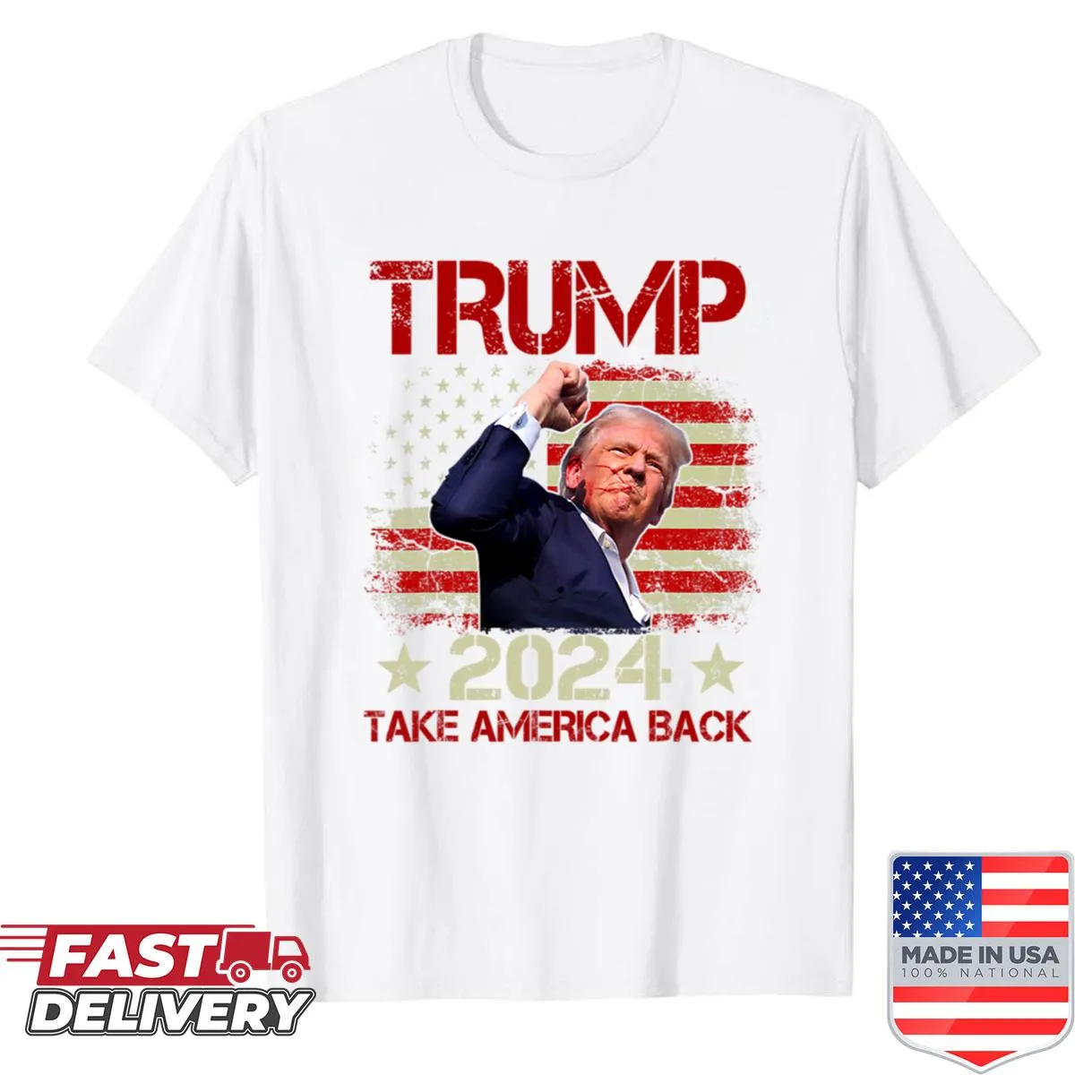 Playful shirt celebrating Trump's rally survival with bold text
