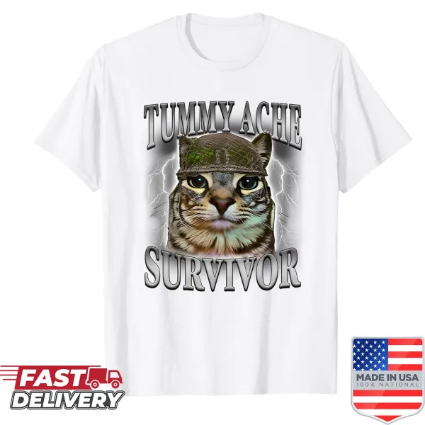 Funny cat meme shirt with 'Tummy Ache Survivor' and cartoon design