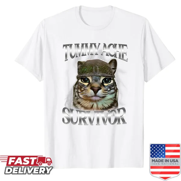 Funny cat meme shirt with the phrase 'Tummy Ache Survivor' and cartoon design