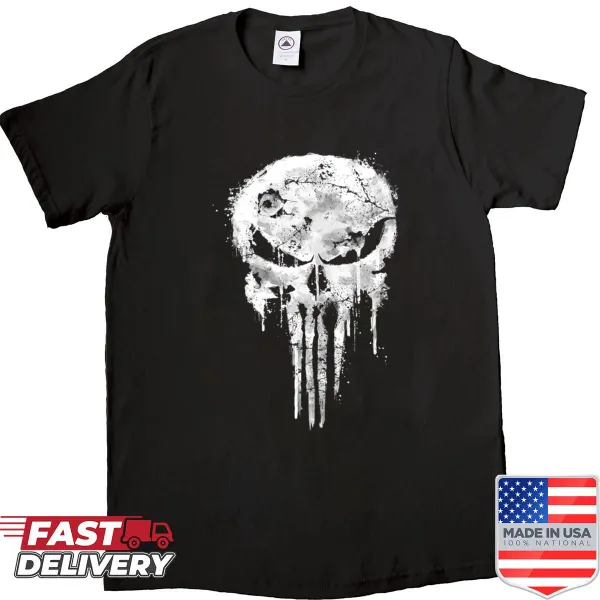 Torn graphic of the Punisher skull on a shirt.