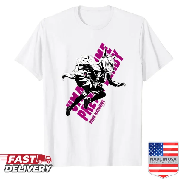 Cartoon design of Biwa Hayahide from Umamusume on a t-shirt