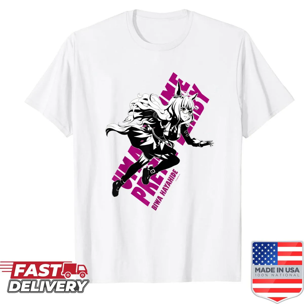 Cartoon design of Biwa Hayahide from Umamusume on a t-shirt