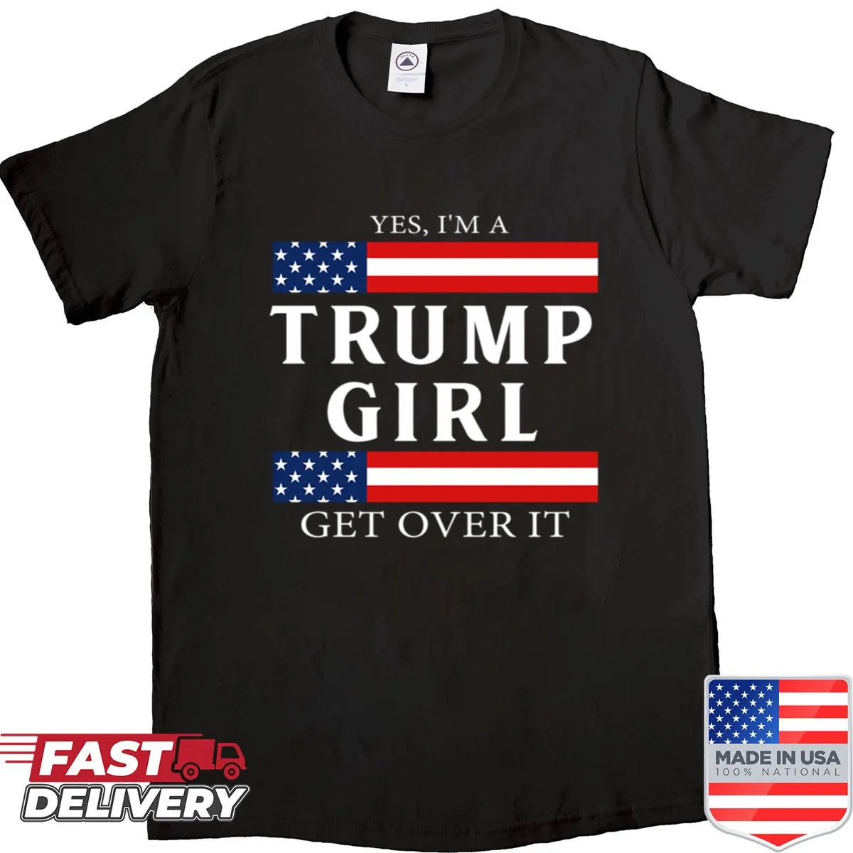Patriotic Trump 2024 graphic text on a women's shirt