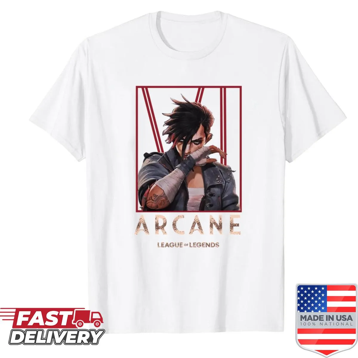 Illustrated character shirt featuring Vi from Arcane series