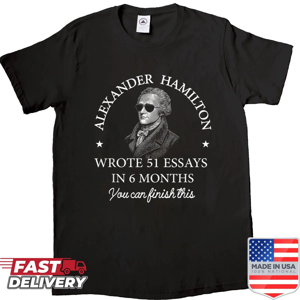 Text celebrating Alexander Hamilton's 51 essays on a vintage shirt