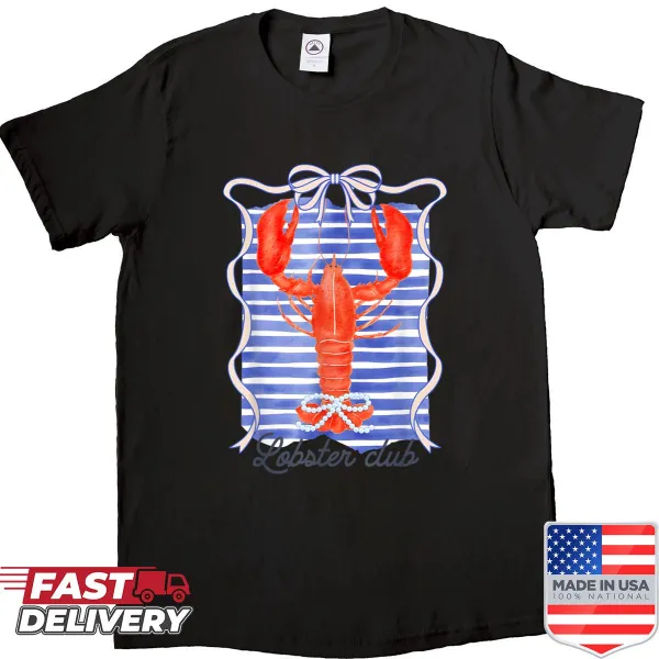 Cartoon lobster with a bow on a vintage-themed shirt