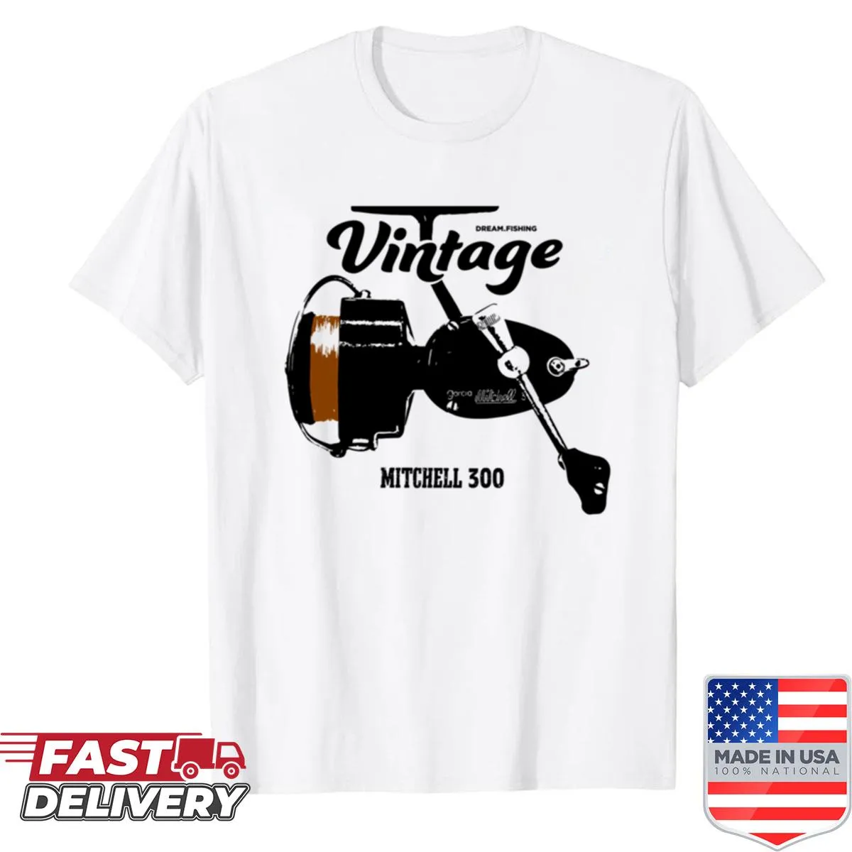 Vintage shirt featuring the iconic Mitchell 300 fishing reel
