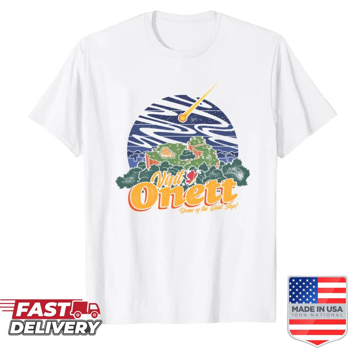 Vintage-style shirt referencing Onett from EarthBound game.