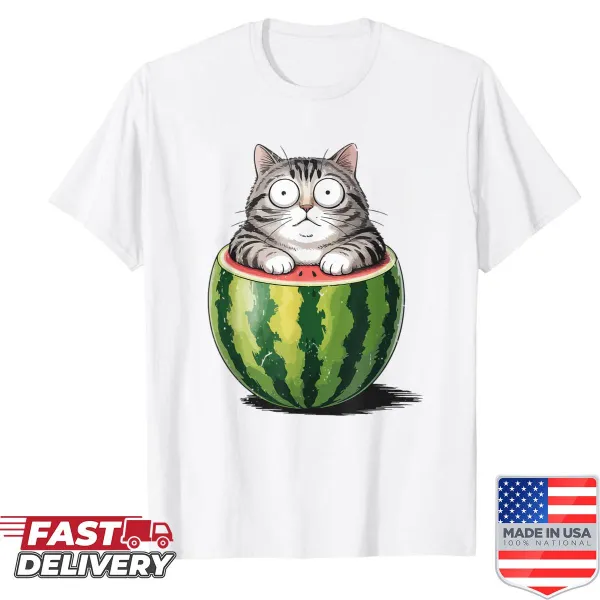 Cartoon tabby cat on a watermelon graphic tee for cat lovers