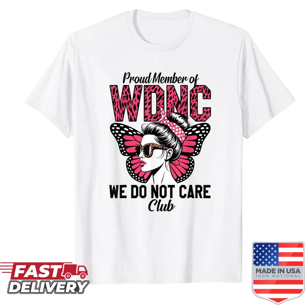 Funny cartoon shirt featuring leopard and butterfly with humorous text.