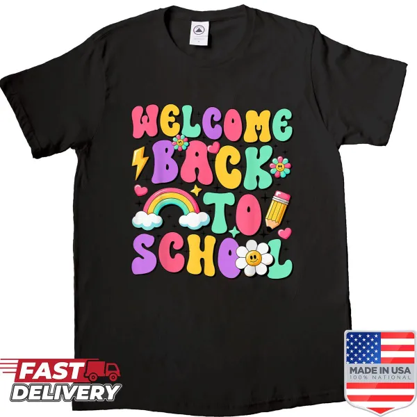 Happy first day back to school shirt with cheerful graphics