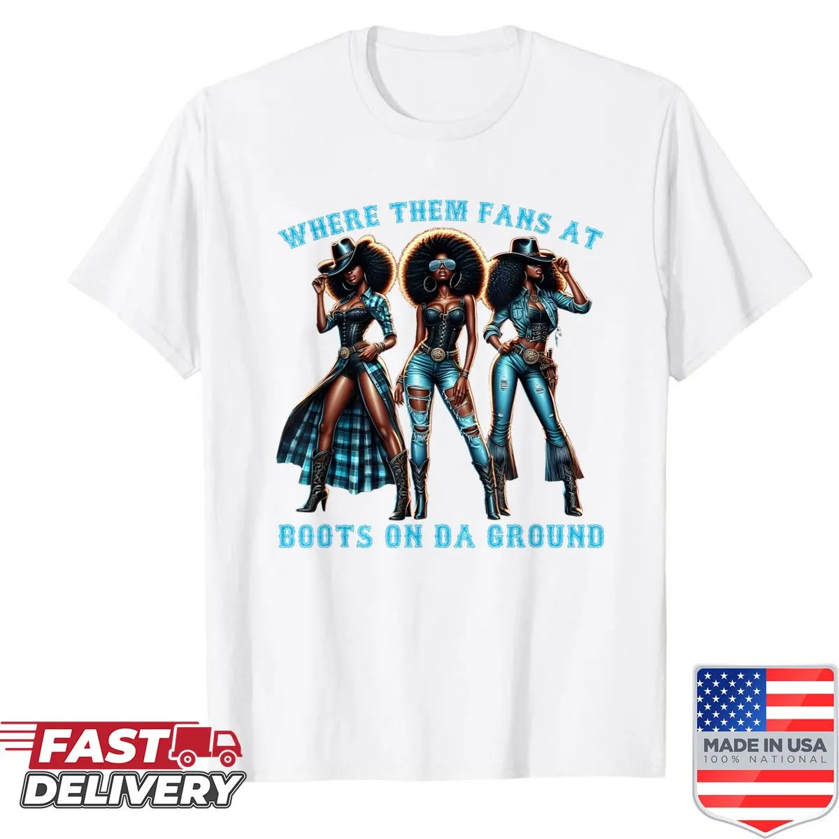 Playful t-shirt featuring western-style cowgirl boots