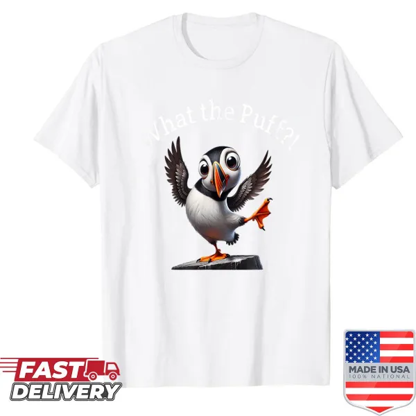 Playful puffin graphic on a casual shirt