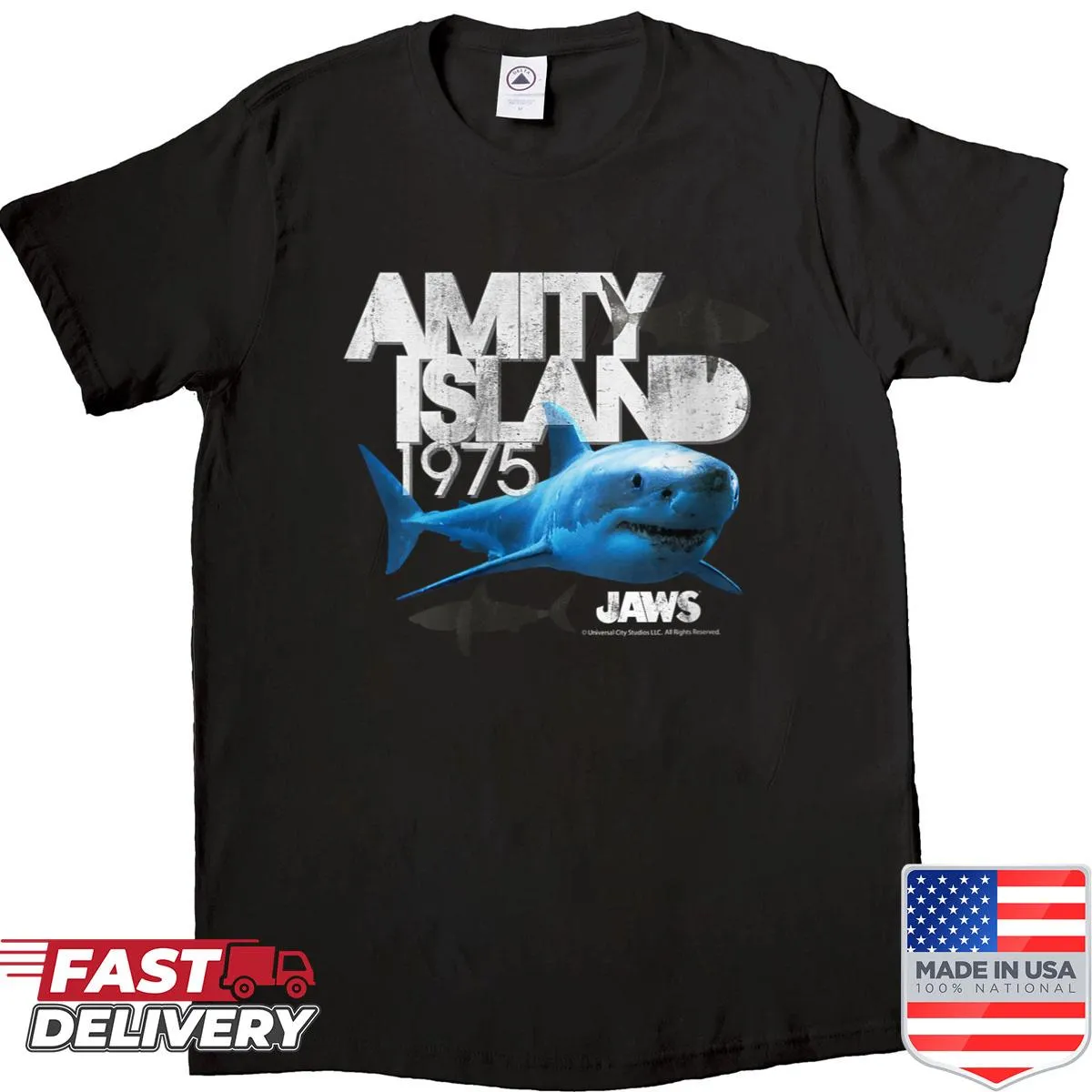 Vintage-inspired Jaws shirt featuring Amity Island 1975 design