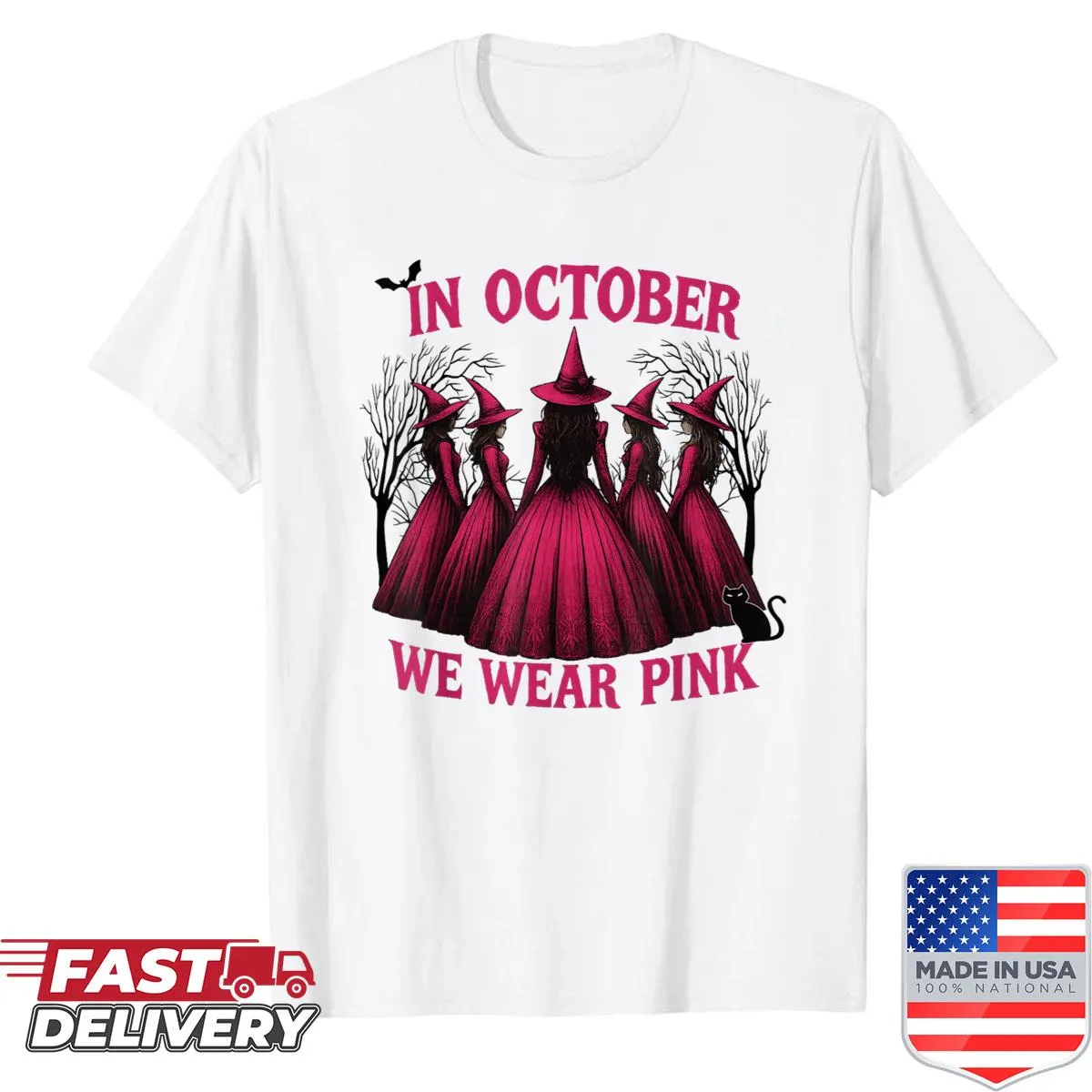 Casual women's October shirt with pink witch illustration for Breast Cancer Awareness