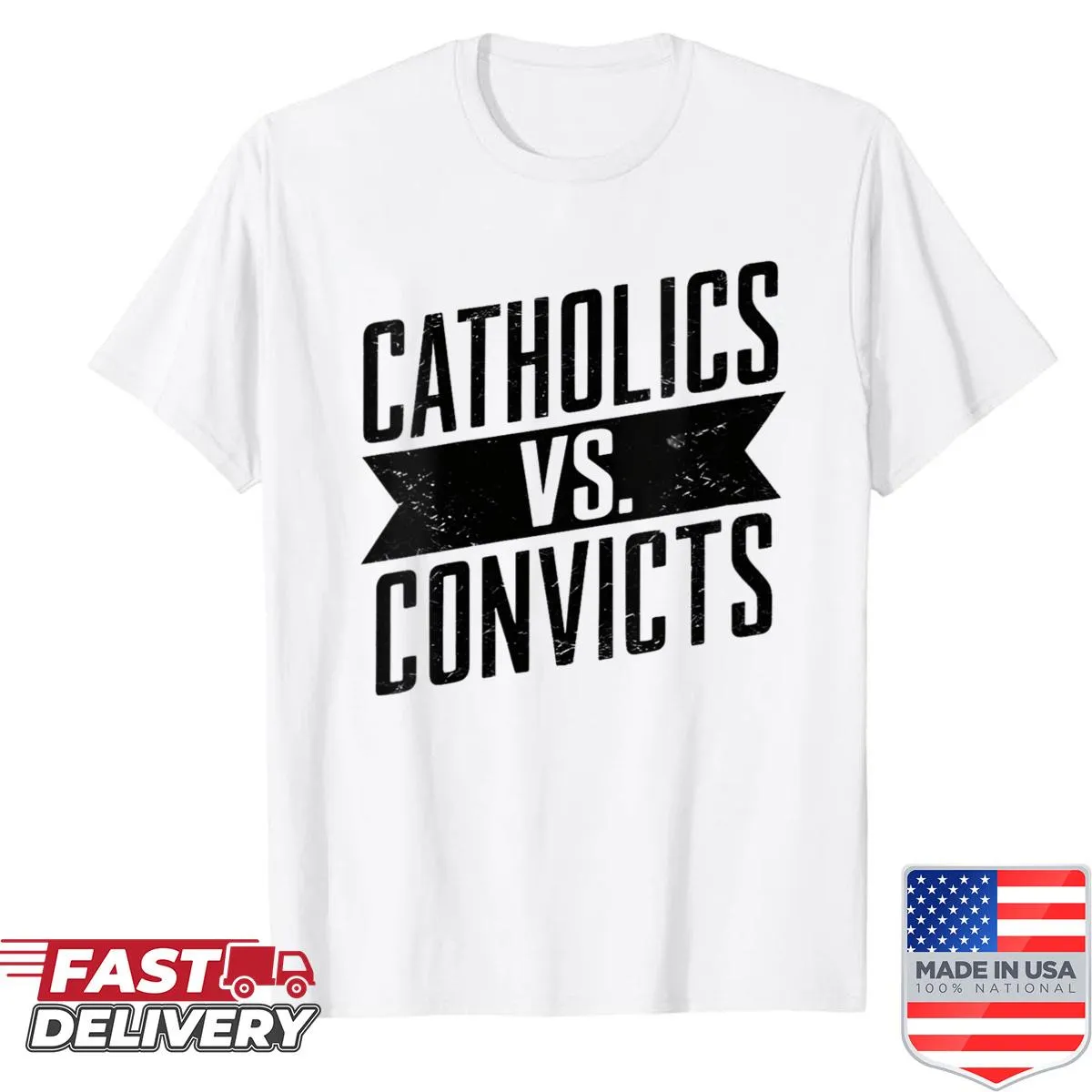 Vintage-style t-shirt celebrating the Catholics vs Convicts event