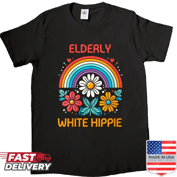 Funny saying shirt for women featuring 'Elderly White Hippie' text