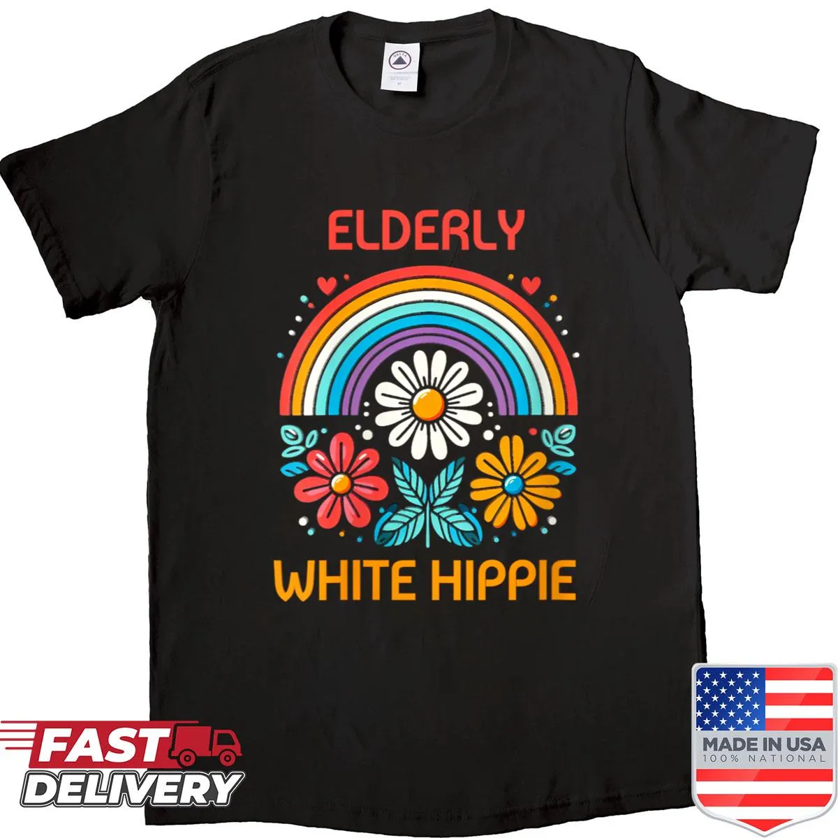 Funny saying shirt for women featuring 'Elderly White Hippie' text