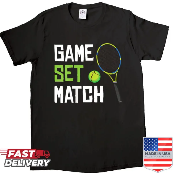 Vintage-style tennis shirt with game set match slogan