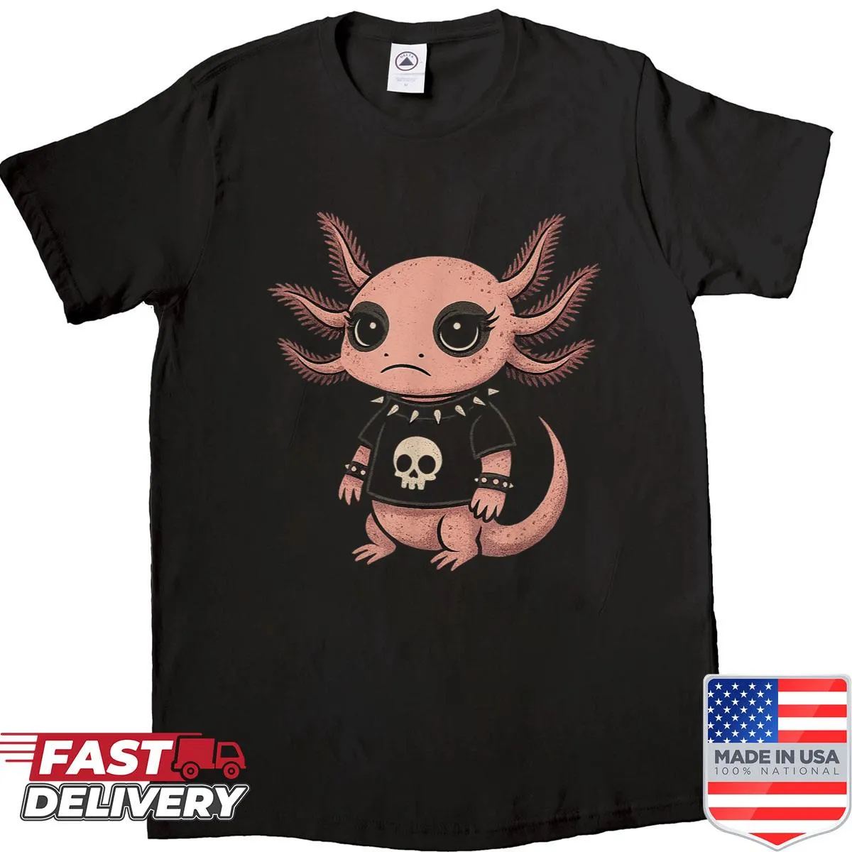 Gothic axolotl cartoon graphic shirt for goth enthusiasts