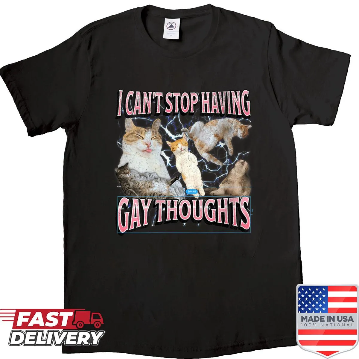 Funny women's shirt featuring humorous cat meme and text about gay thoughts