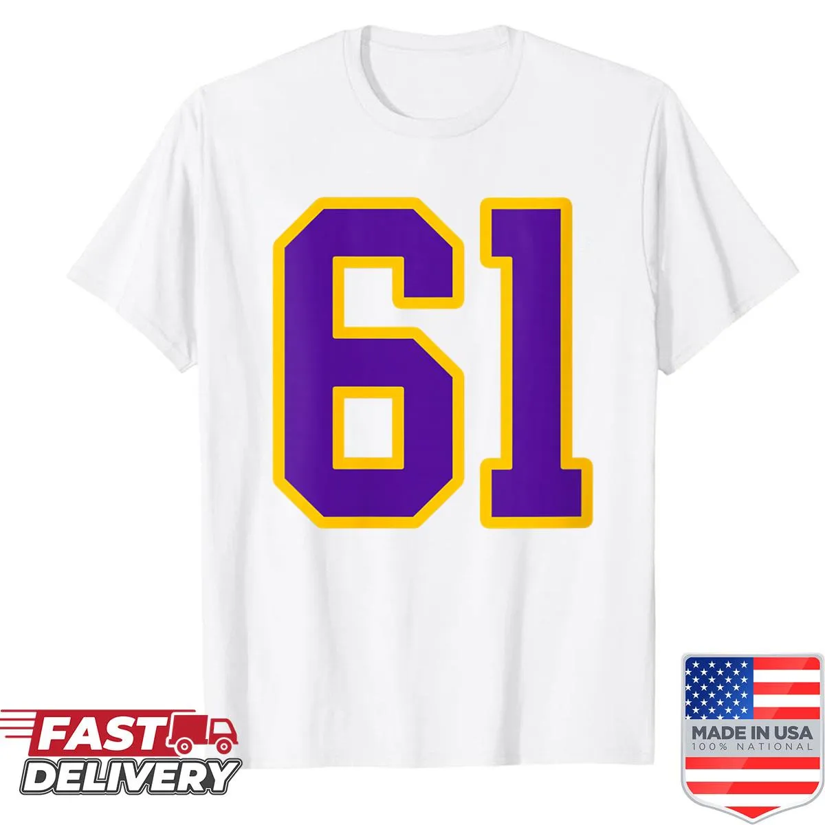 Number 61 jersey fan shirt in purple and gold