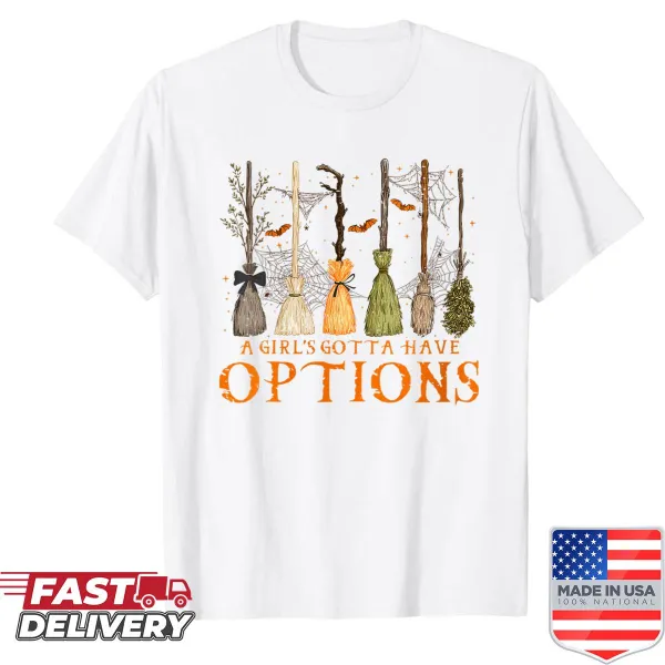 Retro design with witches and 'A Girl's Gotta Have Options' text