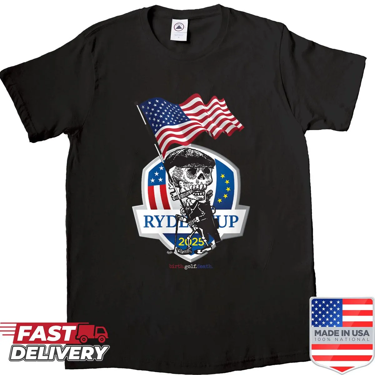 Cartoon skeleton golfer shirt with USA flag design.