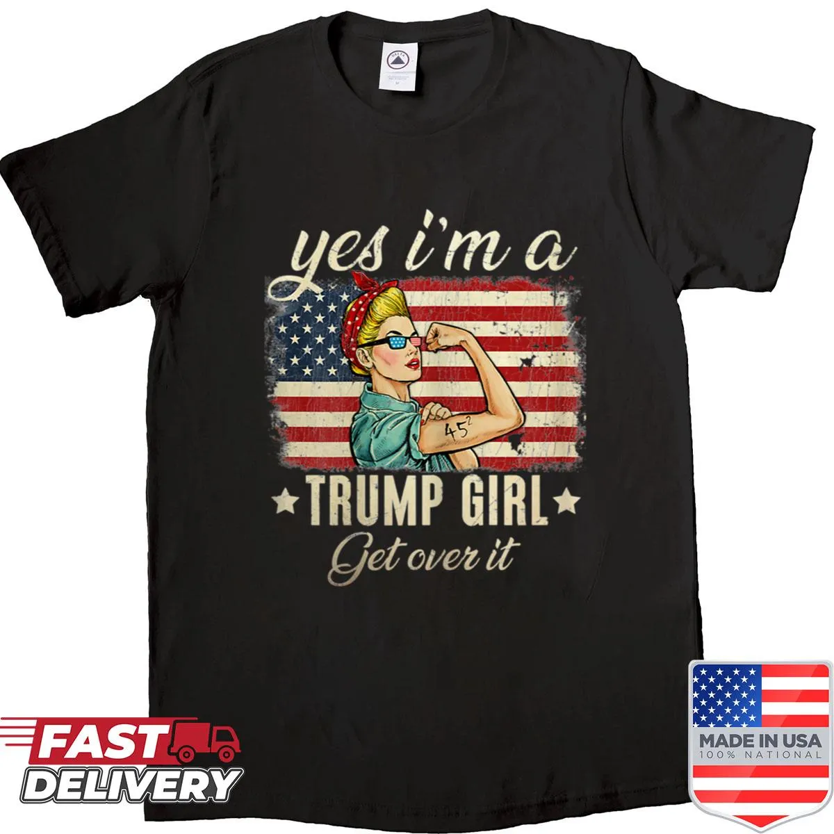 Women's Trump 2020 shirt with US flag and text