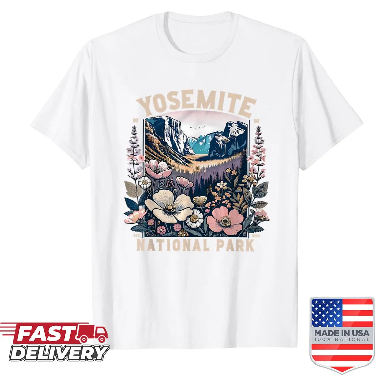 Yosemite National Park vintage floral graphic on a T-shirt