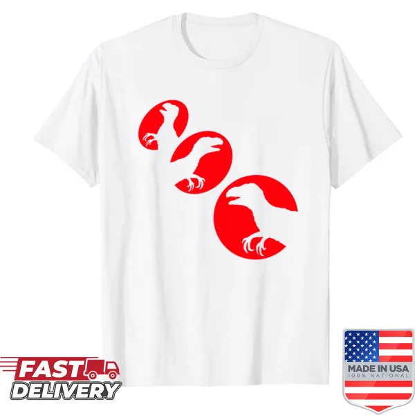 Dinosaur team logo T-shirt featuring velociraptors and a T-rex.