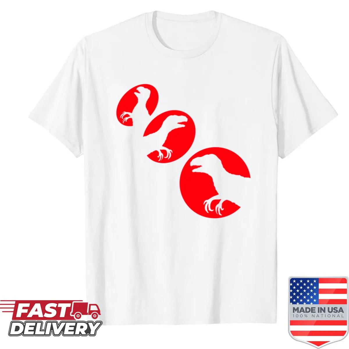 Dinosaur team logo T-shirt featuring velociraptors and a T-rex.