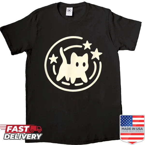 Cartoon scared cat hiding under a starry tail on a t-shirt