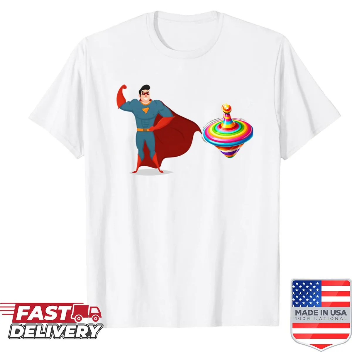 Cartoon superhero in red with rainbow-colored top on t-shirt