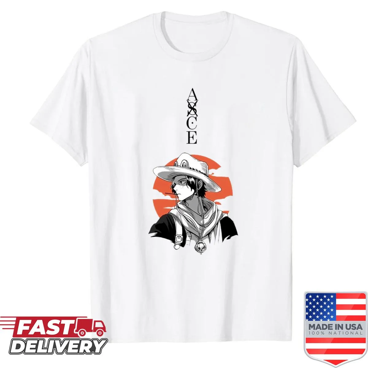 Cartoon graphic of Ace from anime on a T-shirt