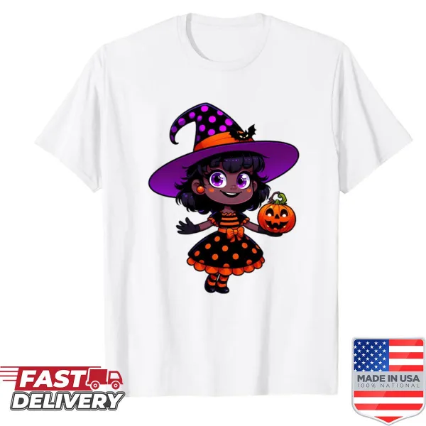 Cartoon shirt showcasing an Afro girl in a Halloween costume.