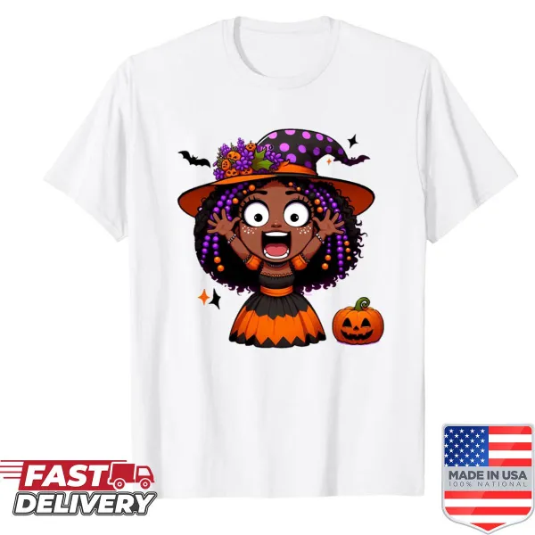 Cartoon Halloween shirt featuring an Afro girl ready to trick-or-treat.