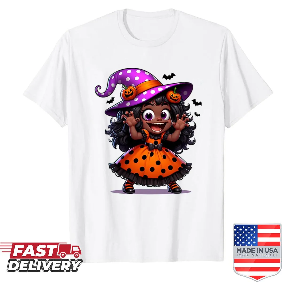 Illustration of an Afro girl witch with stars and moons design