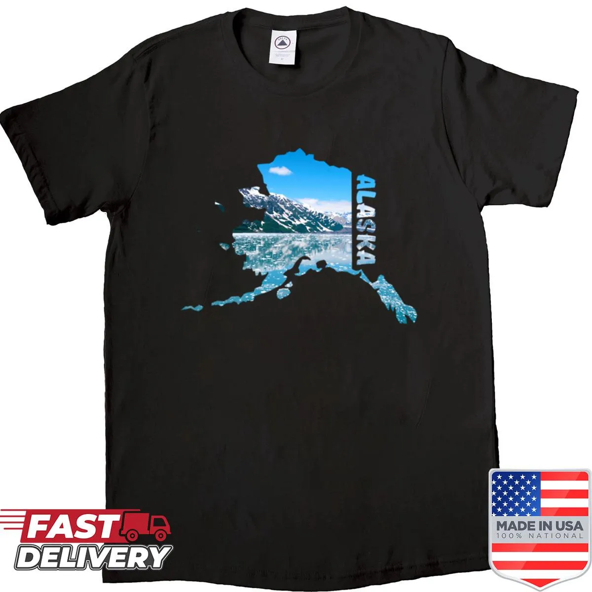 Alaska silhouette shirt with landscape photo fill showcasing natural beauty