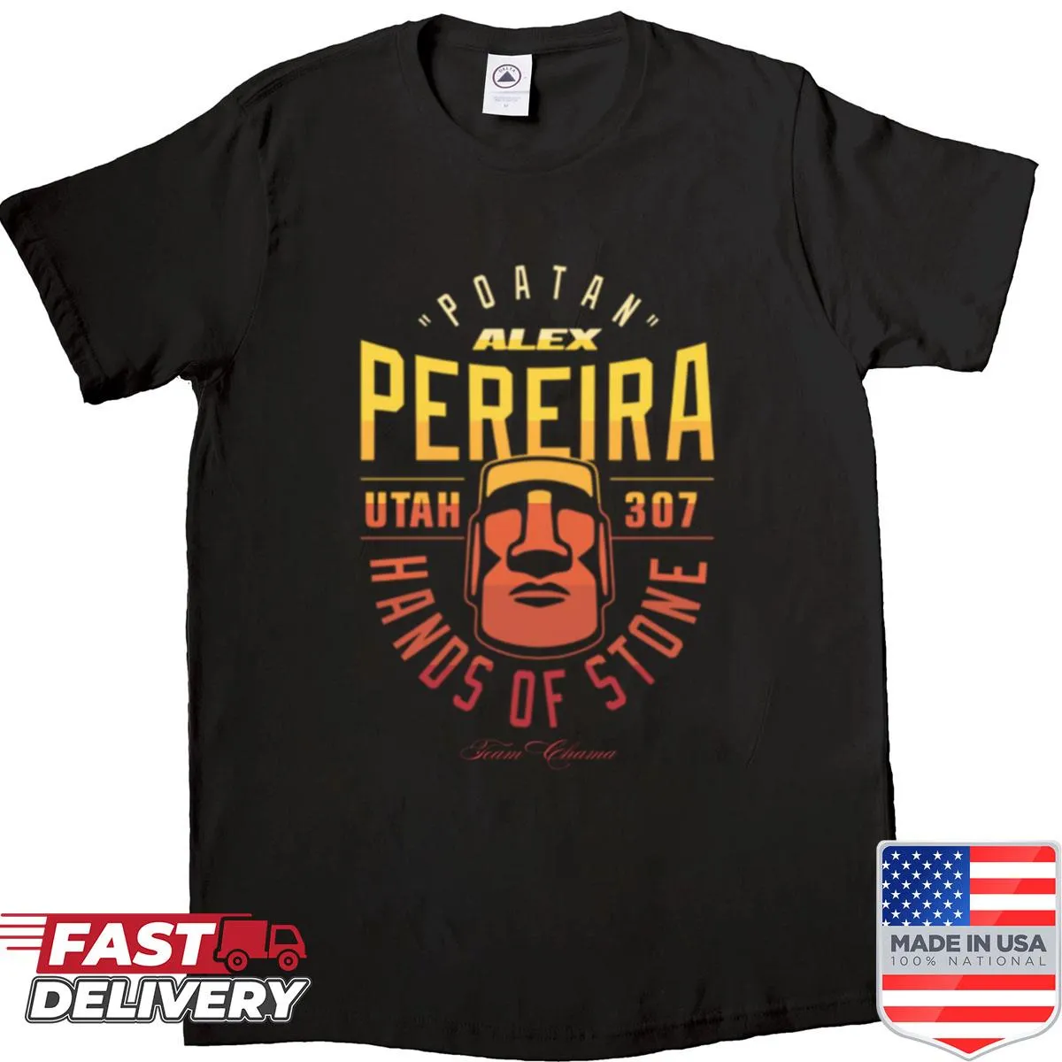 Stylized sunset illustration on Alex Pereira Poatan shirt