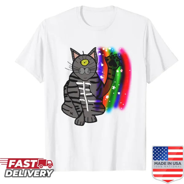 Whimsical alien cat scratching a rainbow design on a t-shirt