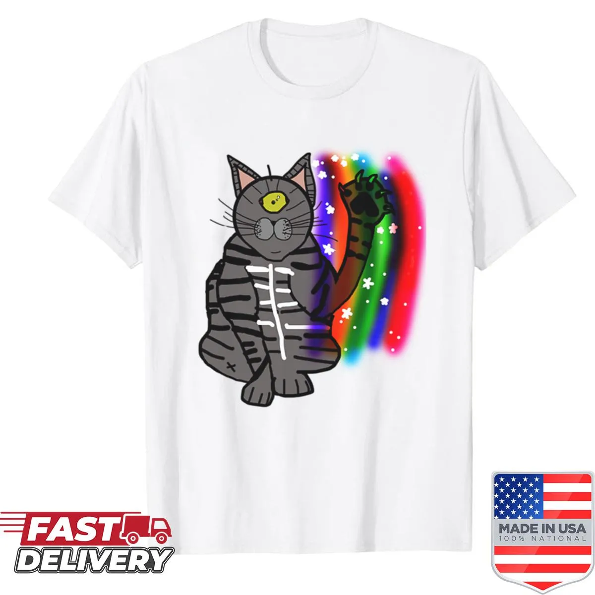 Whimsical alien cat scratching a rainbow design on a t-shirt