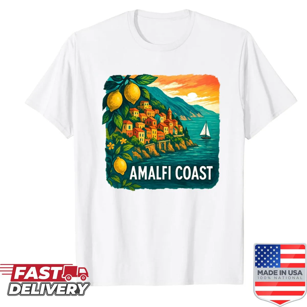 Illustration of the Amalfi Coast on a scenic travel t-shirt