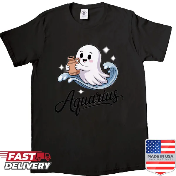 Aquarius-themed shirt featuring a playful ghost and astrological elements