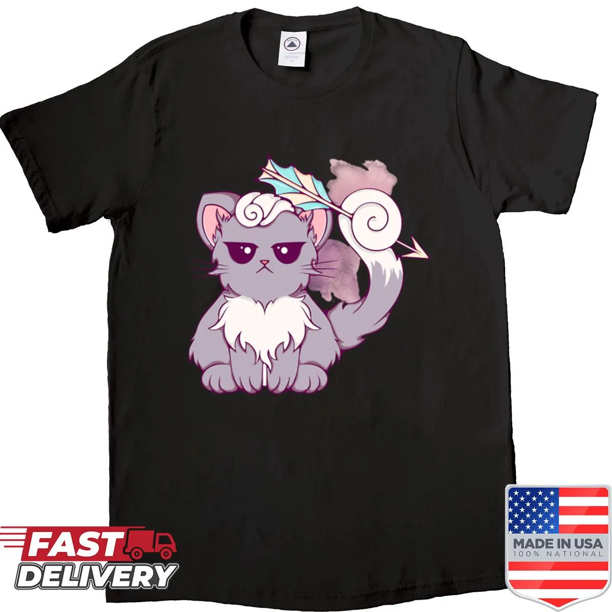 T-shirt featuring a playful cat graphic with arrow motifs