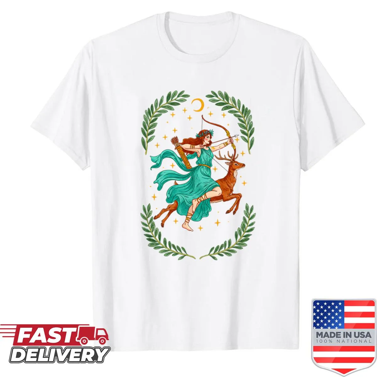 Artemis goddess-themed shirt featuring symbols of hunt and moon