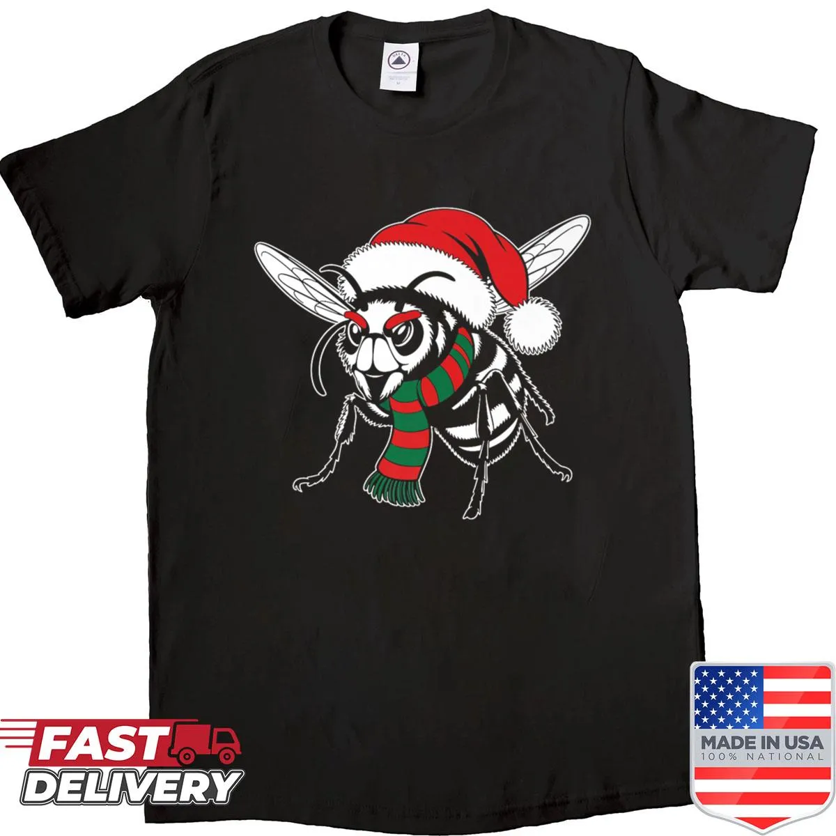 Asian giant hornet wearing a Santa hat and scarf for Christmas